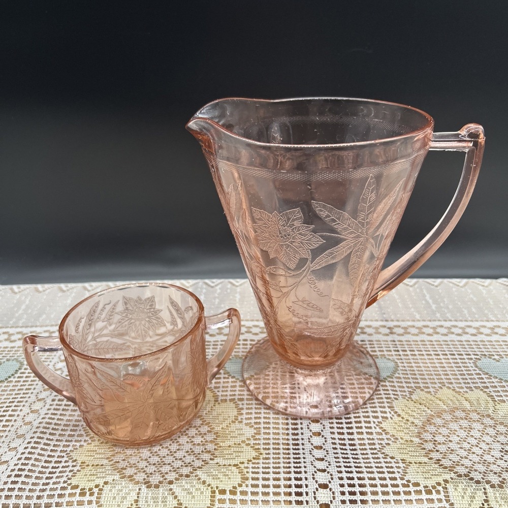 VINTAGE PINK DEPRESSION PITCHER & CUP JEANETTE POINSETTIA FLORAL COTTAGECORE